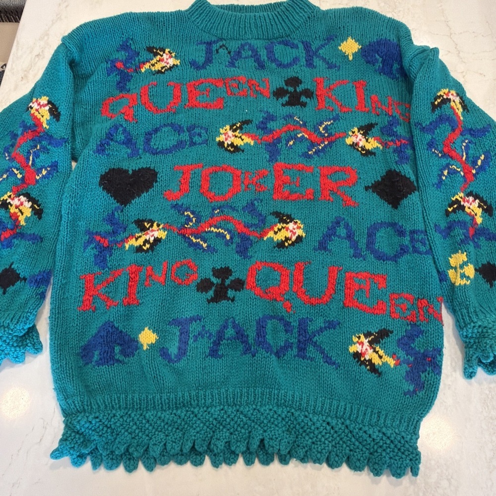 Vintage Studio Michelle Stuart  Hand Knitted  Sweater Playing Cards Joker Queen